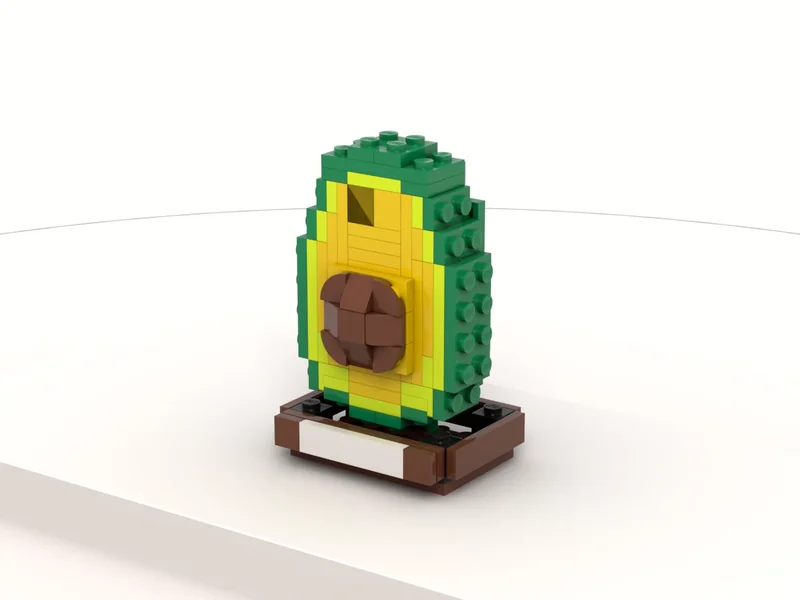 A render of the Avocado built from LEGO® bricks, turned to show its front and right side.