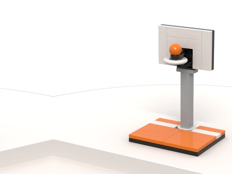 A render of the Basketball Hoop Model built from LEGO® bricks, turned to show its front and right side.