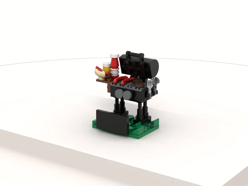 A render of the BBQ Grill Model built from LEGO® bricks, turned to show its front and right side.