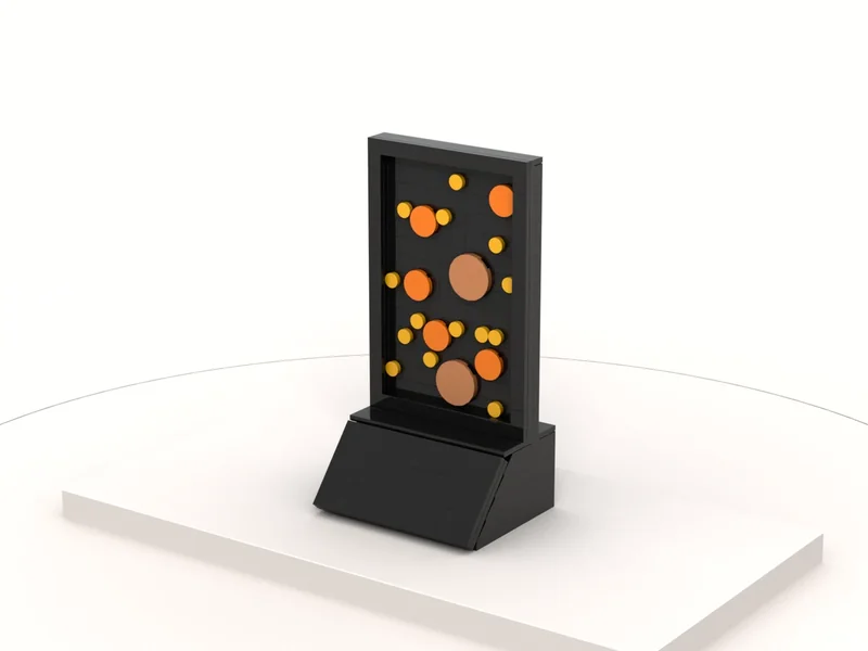 A render of the Circles Deal Toy built from LEGO® bricks, turned to show its front and right side.