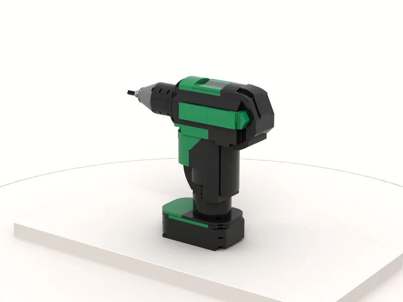 A render of the Cordless Drill Model built from LEGO® bricks, turned to show its front and right side.