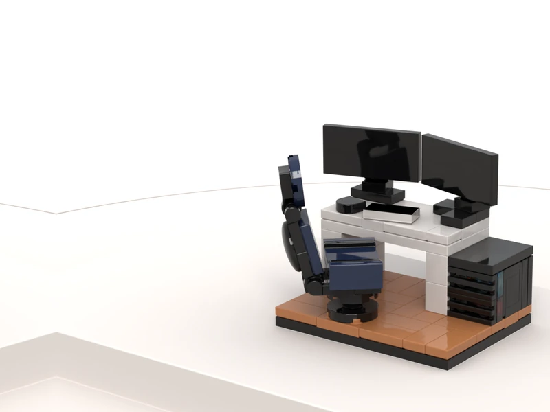 A render of the Desk Setup built from LEGO® bricks, turned to show its front and right side.