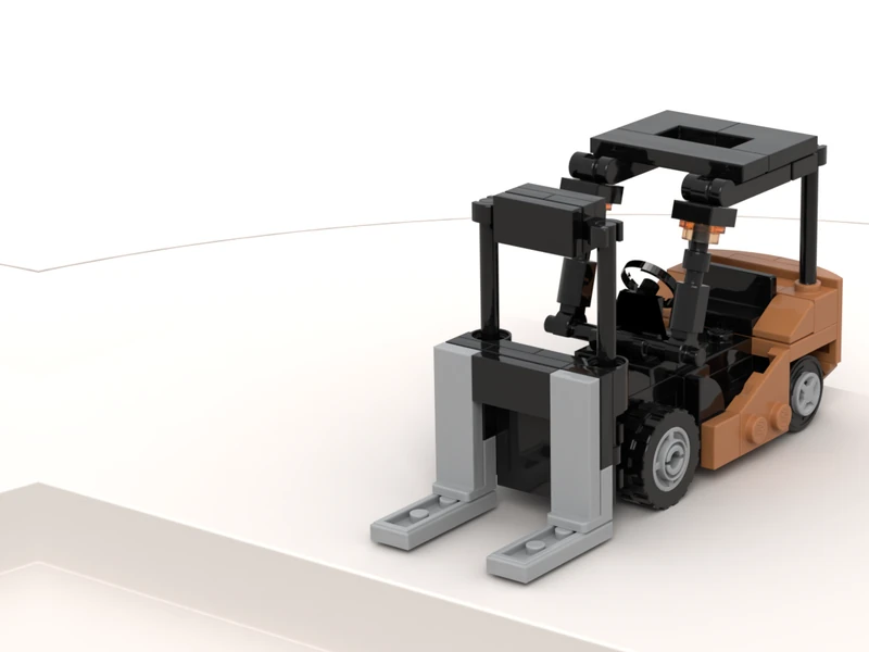 A render of the Forklift Model built from LEGO® bricks, turned to show its front and right side.