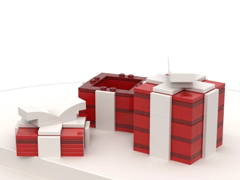 A render of the Gift Box Model built from LEGO® bricks, turned to show its front and right side.