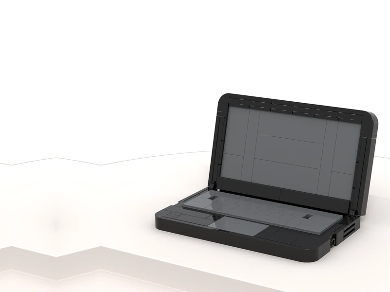 A render of the Laptop Model built from LEGO® bricks, turned to show its front and right side.