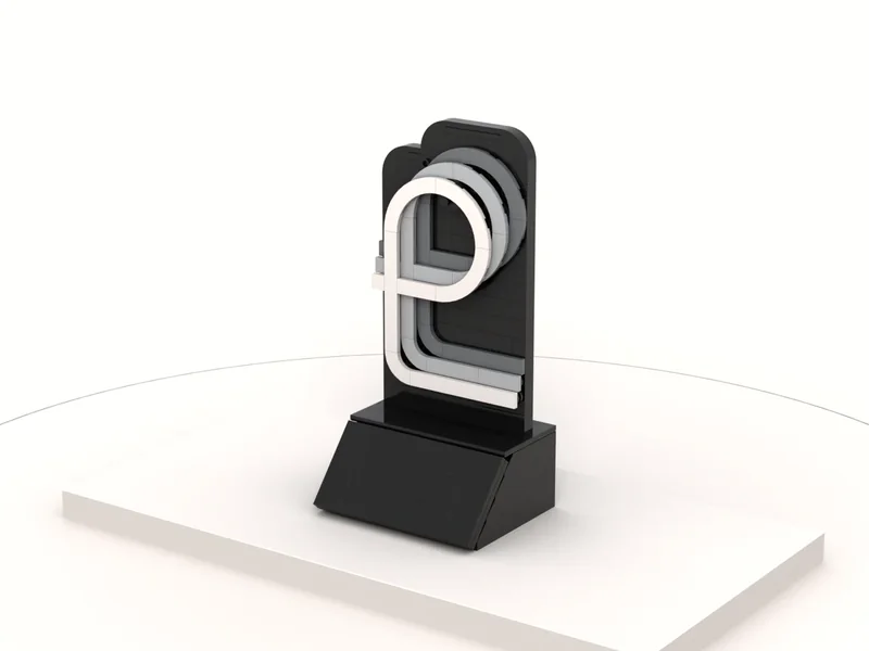 A render of the Loop Deal Toy built from LEGO® bricks, turned to show its front and right side.