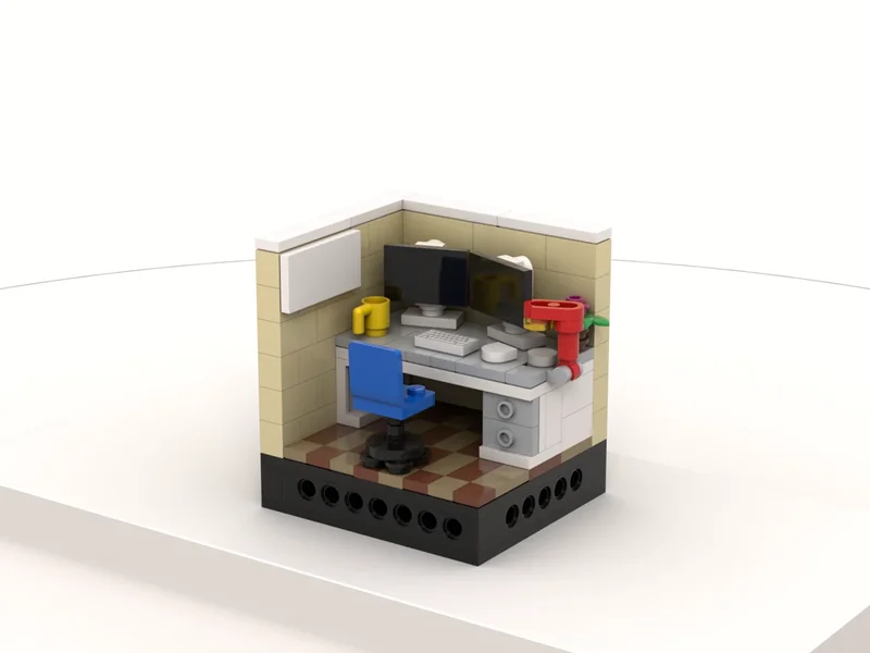 A render of the Office Corner built from LEGO® bricks, turned to show its front and right side.