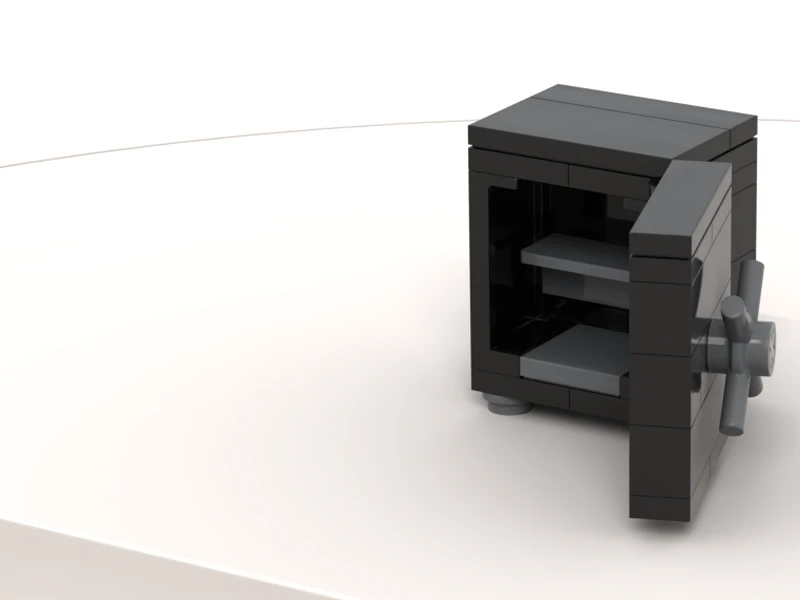A render of the Safe Model built from LEGO® bricks, turned to show its front and right side.