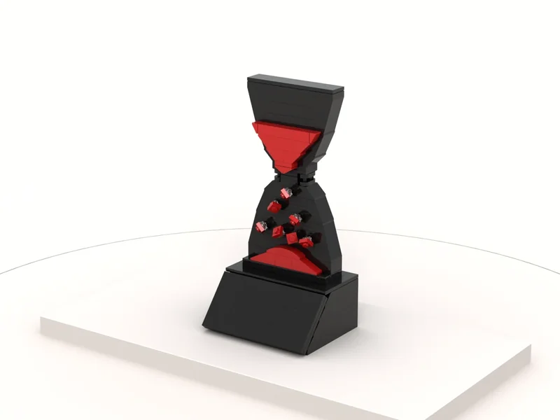 A render of the Sandglass Deal Toy built from LEGO® bricks, turned to show its front and right side.