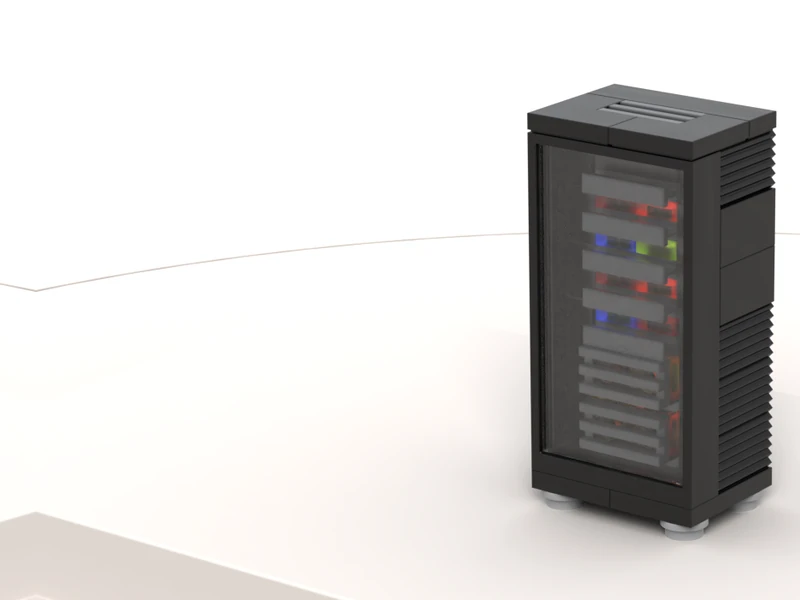 A render of the Server Rack built from LEGO® bricks, turned to show its front and right side.
