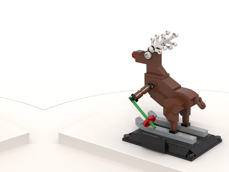 A render of the Skiing Reindeer built from LEGO® bricks, turned to show its front and right side.