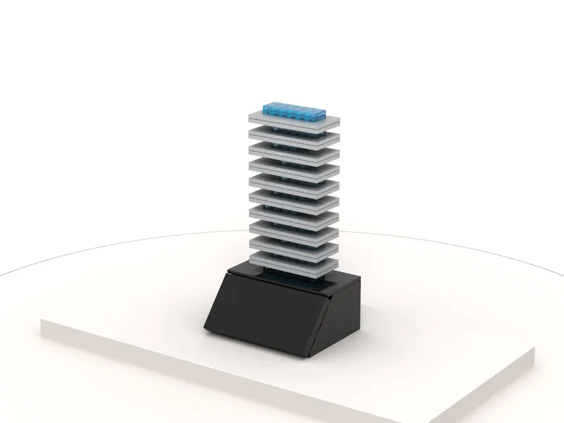 A render of the Skyscraper Deal Toy built from LEGO® bricks, turned to show its front and right side.