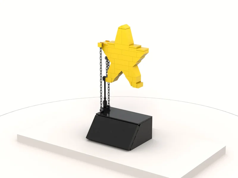 A render of the Starsegrity Deal Toy built from LEGO® bricks, turned to show its front and right side.