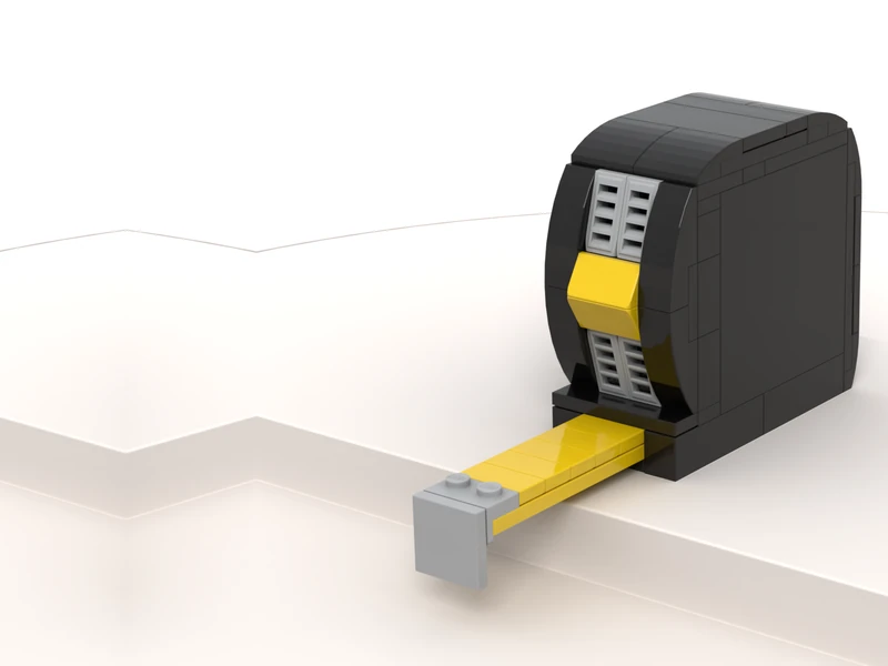 A render of the Tape Measure Model built from LEGO® bricks, turned to show its front and right side.