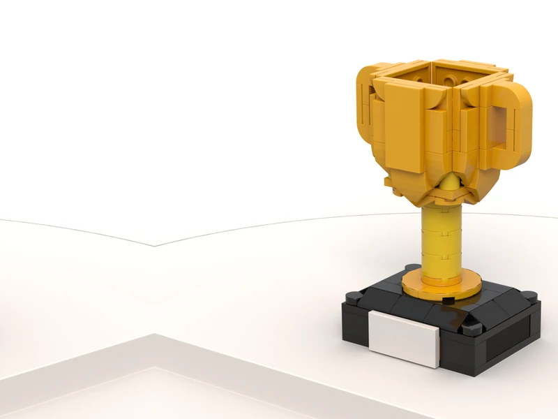 A render of the Trophy Model built from LEGO® bricks, turned to show its front and right side.