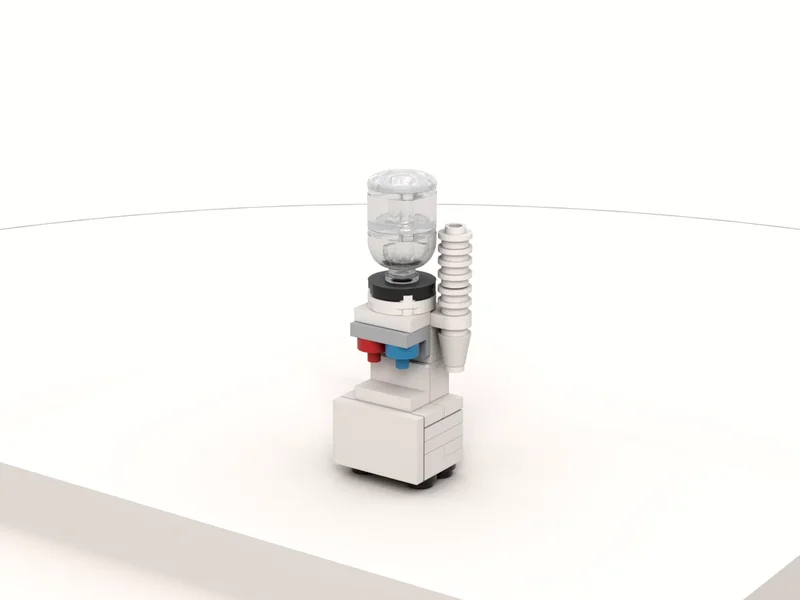 A render of the Water Cooler Model built from LEGO® bricks, turned to show its front and right side.