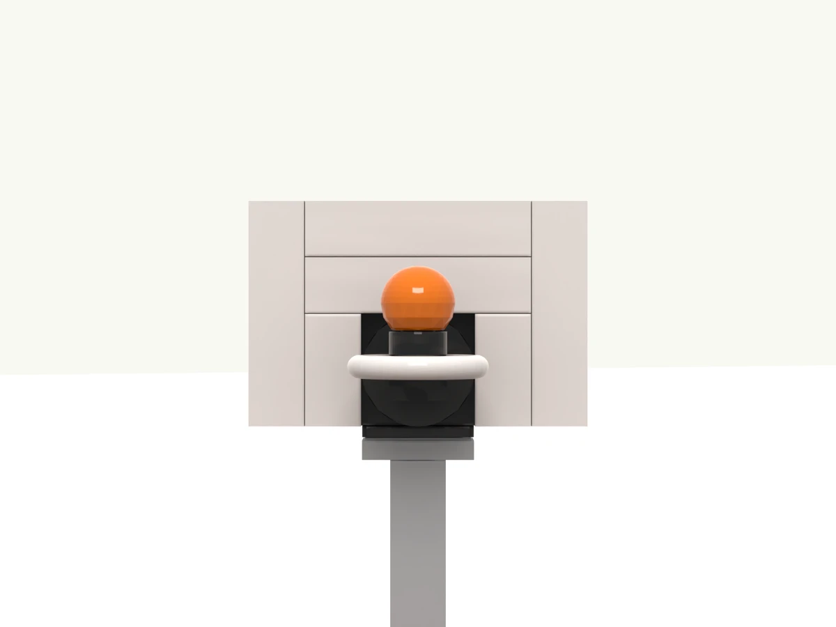 The basketball hoop model at rest on its turntable, backboard facing you