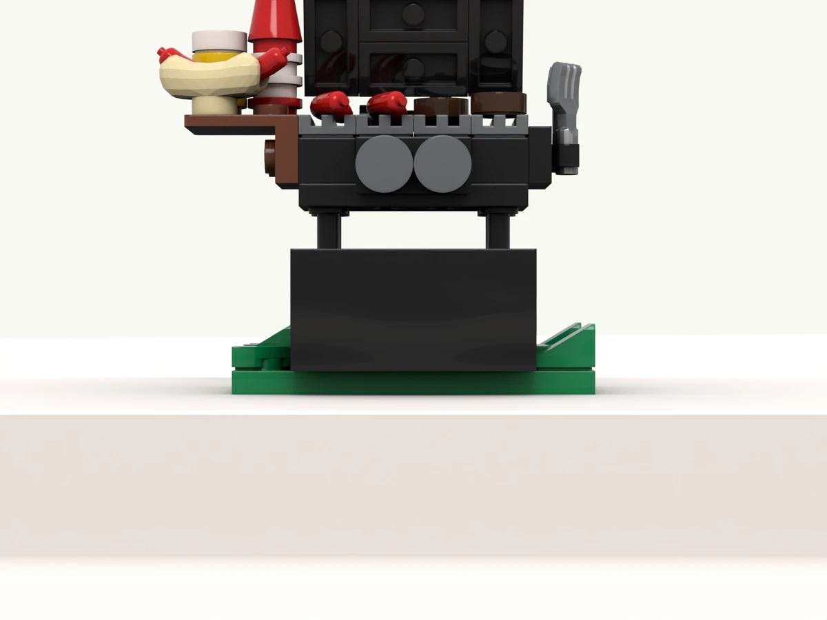 The BBQ grill model at rest on its turntable, front facing you