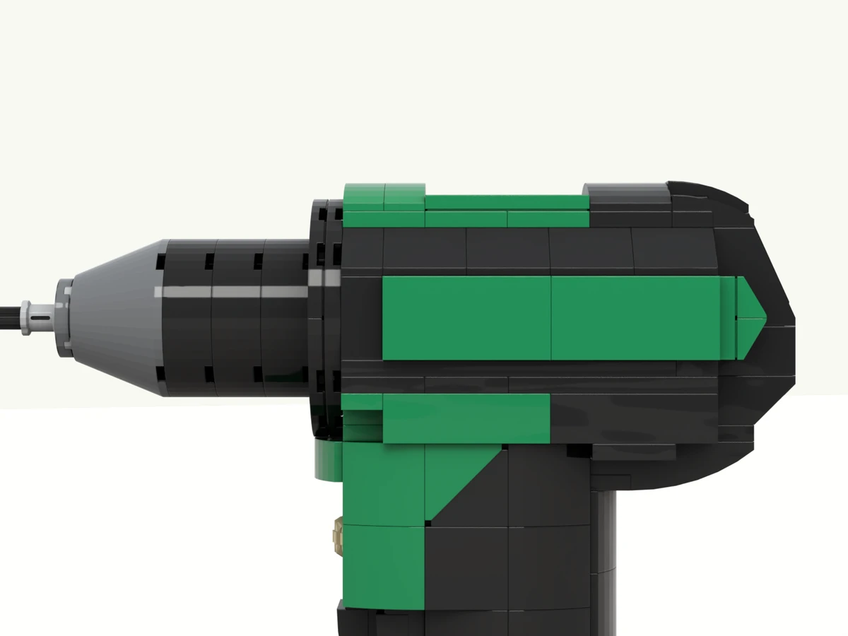 The cordless drill model at rest on its turntable, side A facing you
