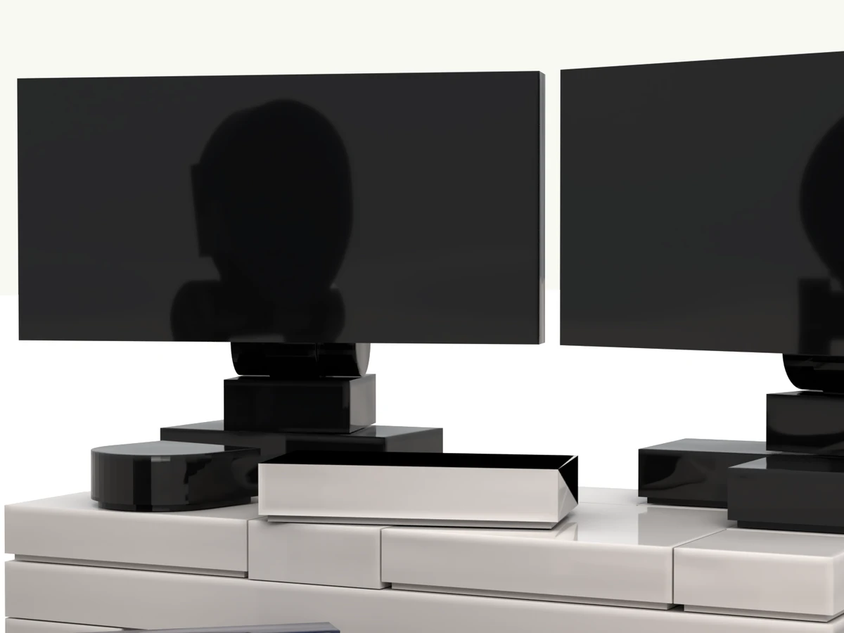 The desk setup at rest on its turntable, screen A facing you