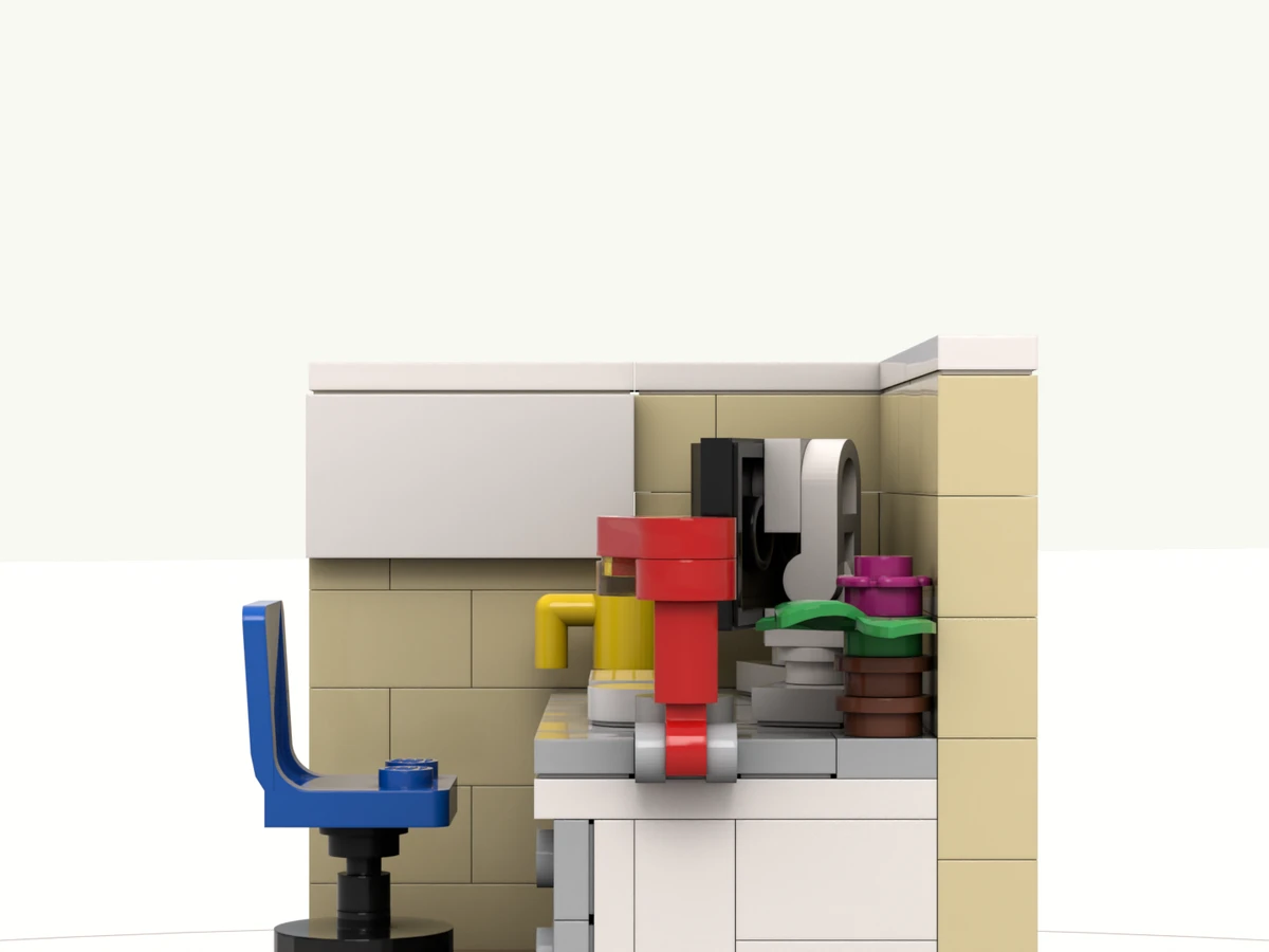 The office corner at rest on its turntable, whiteboard facing you