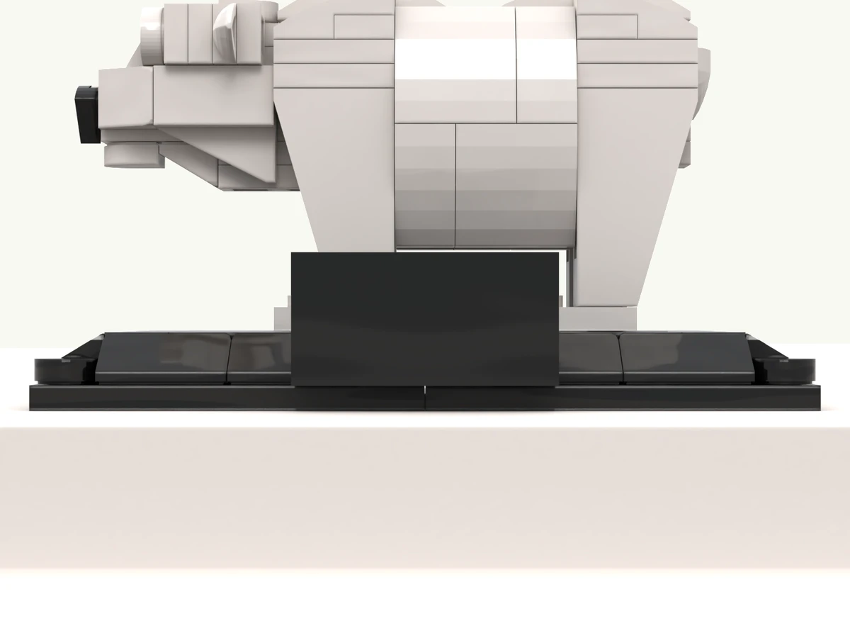 The polar bear at rest on its turntable, plaque facing you