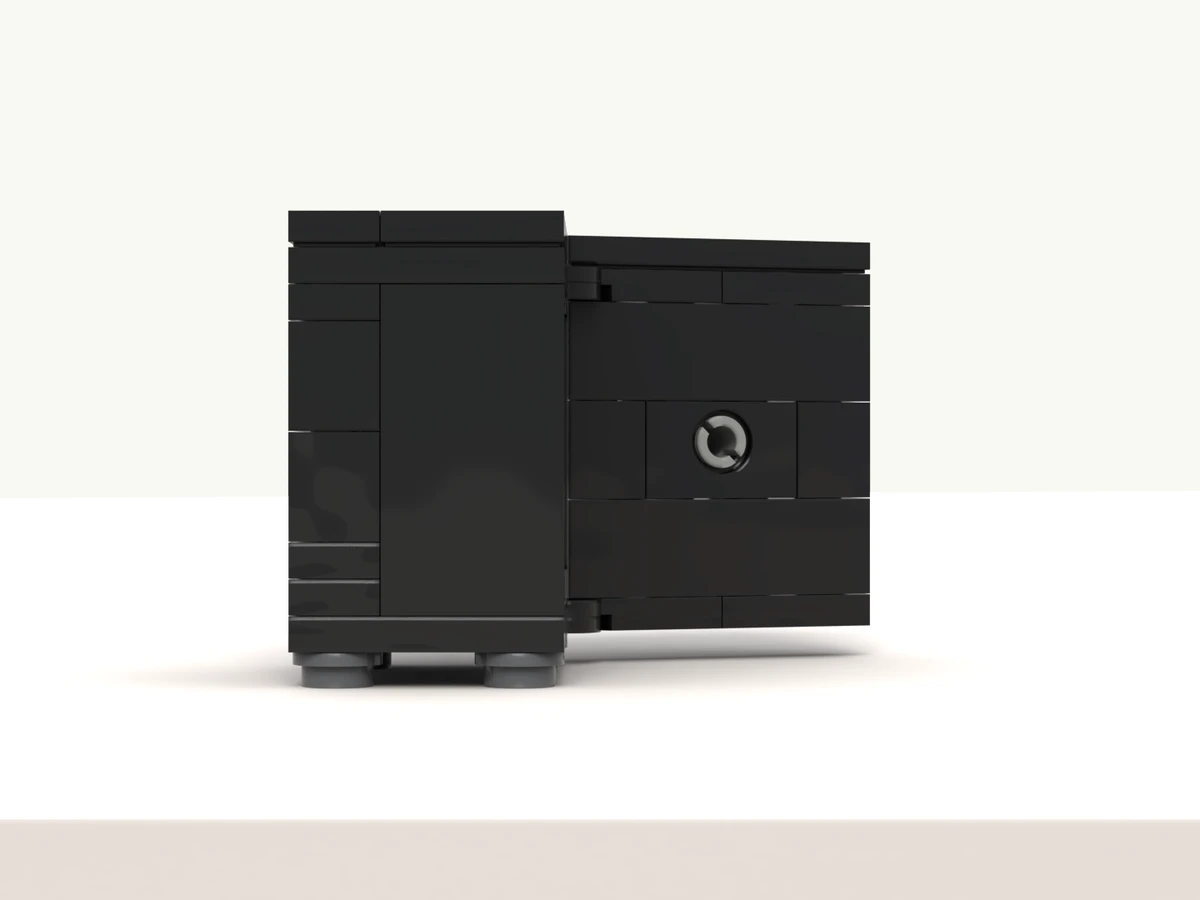 The safe model at rest on its turntable, side A facing you