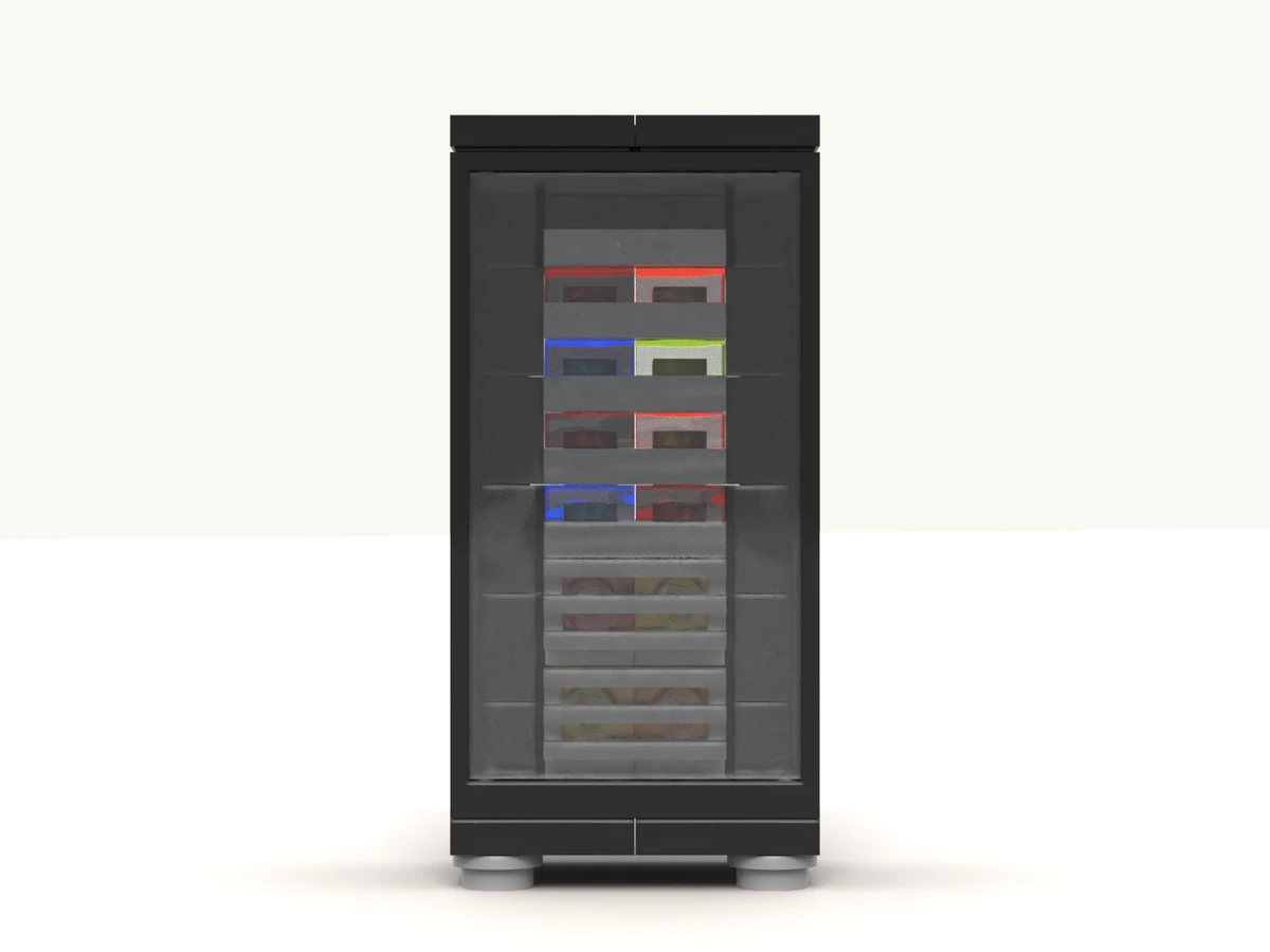 The server rack at rest on its turntable, front facing you